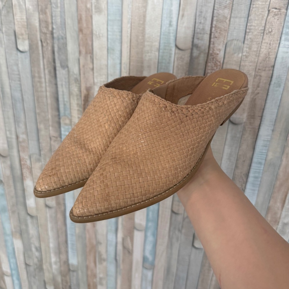 E8 Miista Woven Leather Slipper Mules Tan Beige Pointed Toe Slides Boho 37 6.5